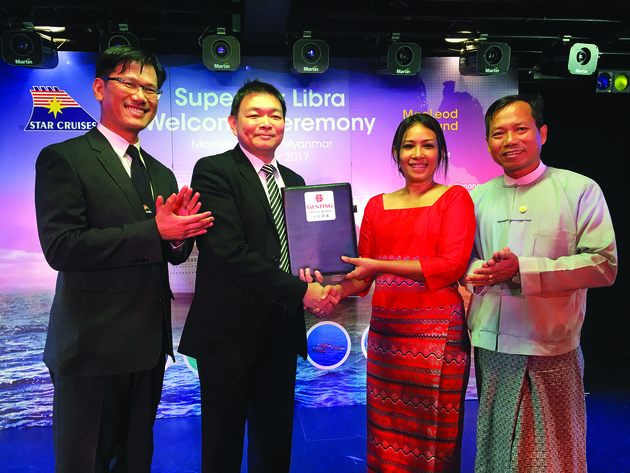Agreement Signing Ceremony between Genting Cruise Lines and Tint Tint Myanmar Group. Left to Right: Mr Ang Moo Lim (President of Star Cruises), Mr Raymond Lim (SVP, Planning & Port Management, Genting Hong Kong), Daw Tint Tint Lwin (Chairman of Tint Tint Myanmar Group) & U Myint Htwe (Deputy Director General of Ministry of Hotels & Tourism, Myanmar)