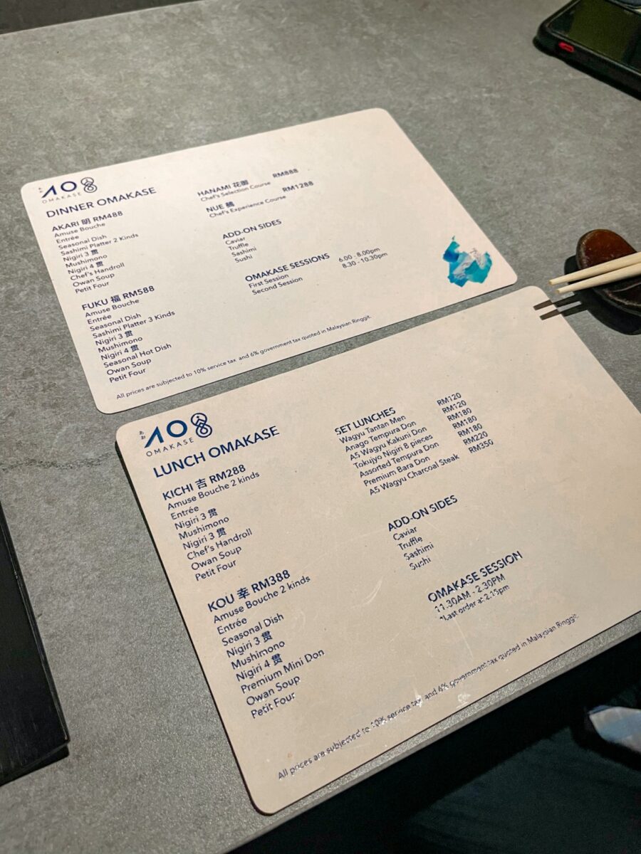 The menu at AO Omakase TTDI, TT Gardens.
