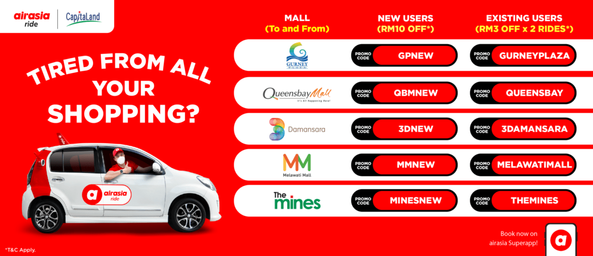 List of promo codes for new users and existing users to / from the participating CapitaLand malls.