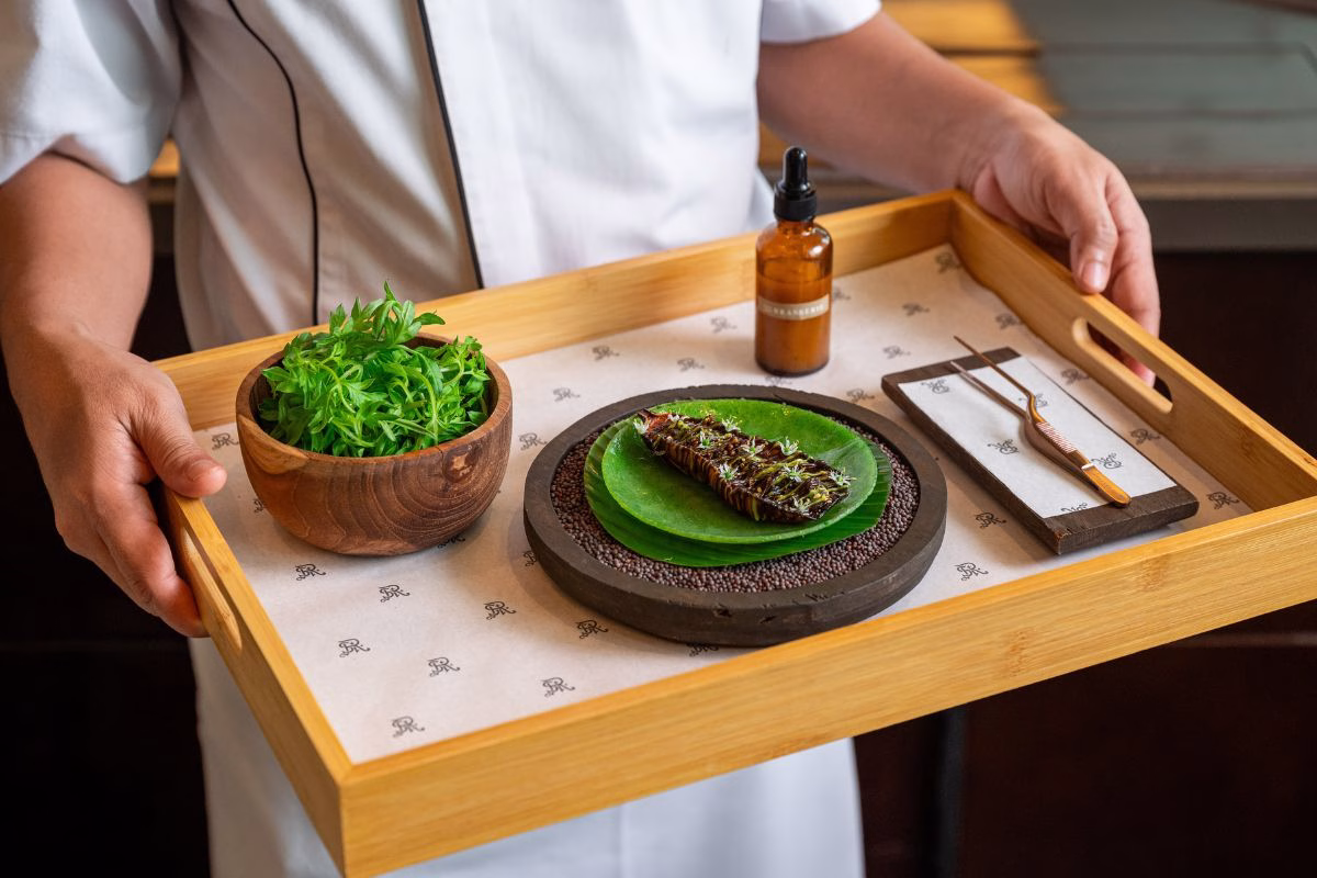 Roasted Miso Baby Eggplant with Ulam Raja and Tweezer