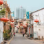 a narrow street with chinese lanterns hanging from the buildings