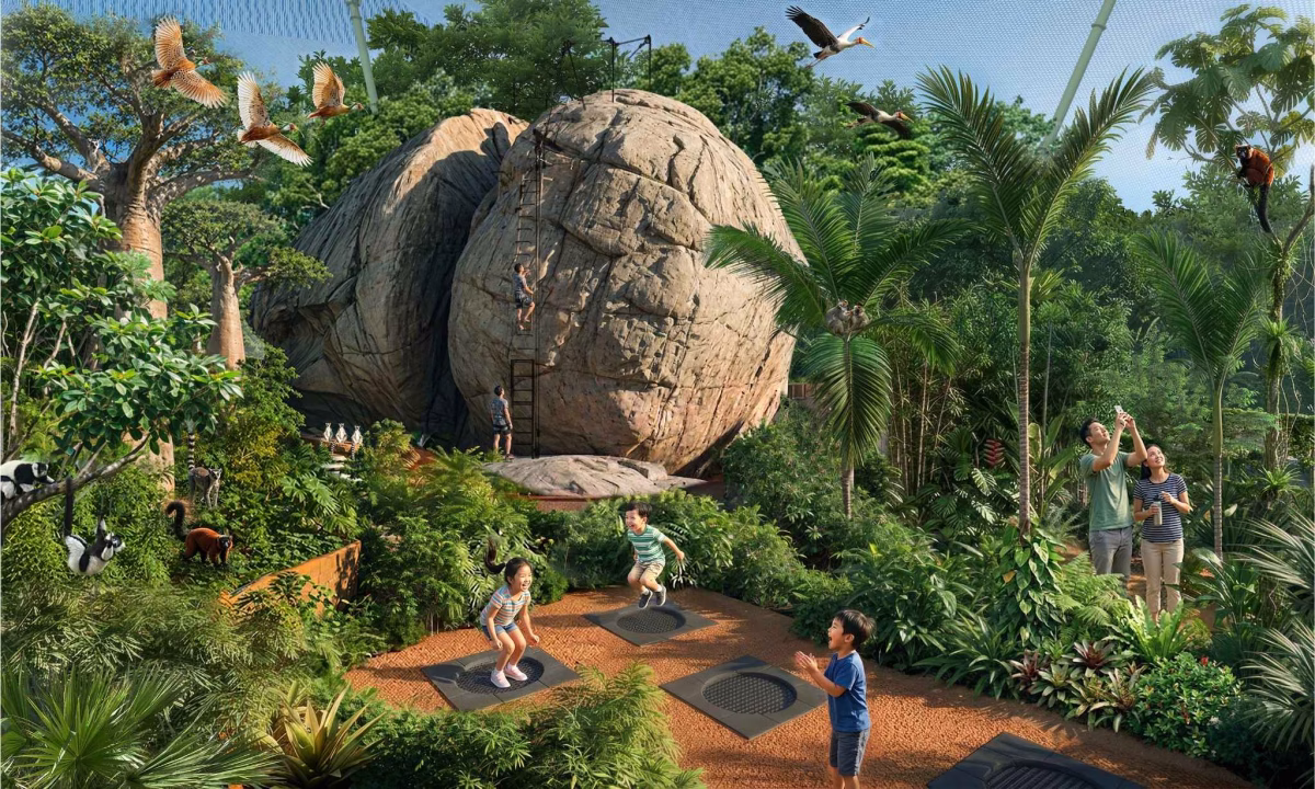 Image 2: (Artists’ Impression) Scale the heights on Split Rock Summit – a harnessed via ferrata climb rewarding the bold with spectacular views over Lemur Land. Photo credit: Mandai Wildlife Group