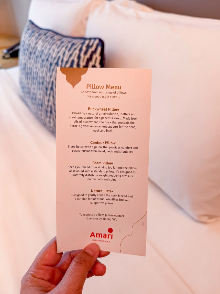 The pillow menu for guests at Amari Kuala Lumpur