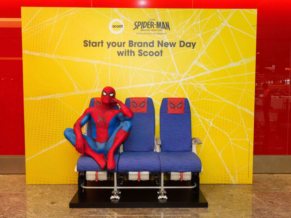 Live-sized Spider-Man figurine at Changi Airport Terminal 1 Departure Hall