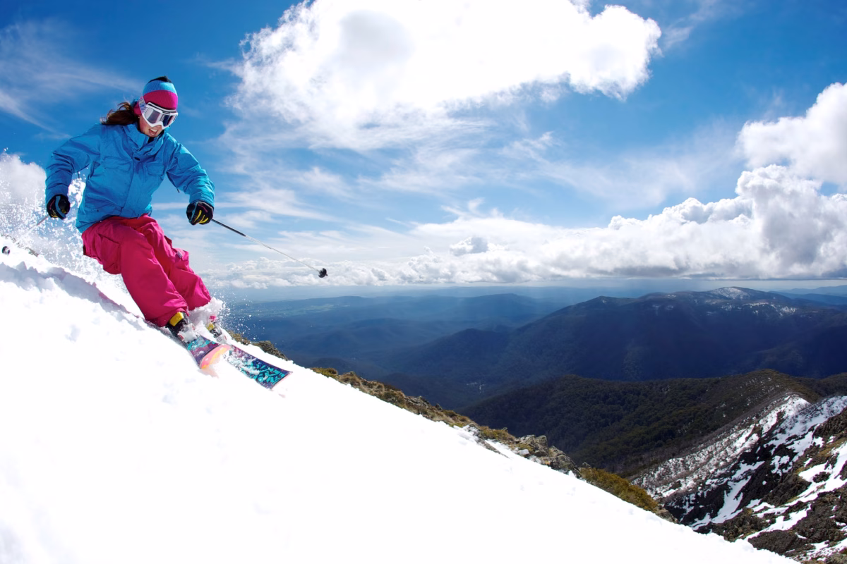 Nicole Lewis on the Summit Ridge of Mt Buller. (Image by Visit Victoria.)