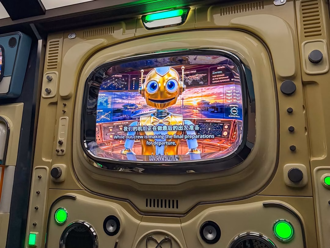 A digital robot ambassador appears on a screen inside the futuristic Stardust Terminal attraction at Studio City Macau.